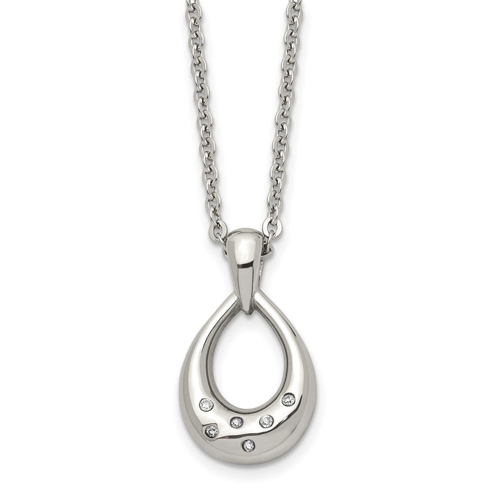 Stainless Steel Polished w/CZ Teardrop 18in Necklace, 18 mm