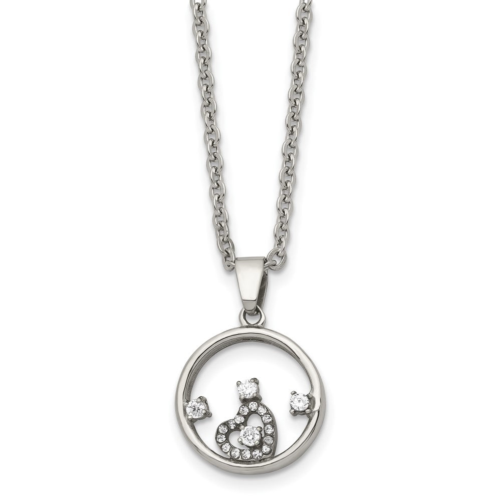 Chisel Stainless Steel Polished Circle with CZ and Heart Pendant on an 18 inch Cable Chain Necklace, 18 x 18 mm