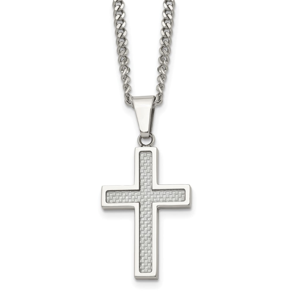 Chisel Stainless Steel Polished with Grey Carbon Fiber Inlay Small Cross Pendant on a 20 inch Curb Chain Necklace, 20 x 20 mm