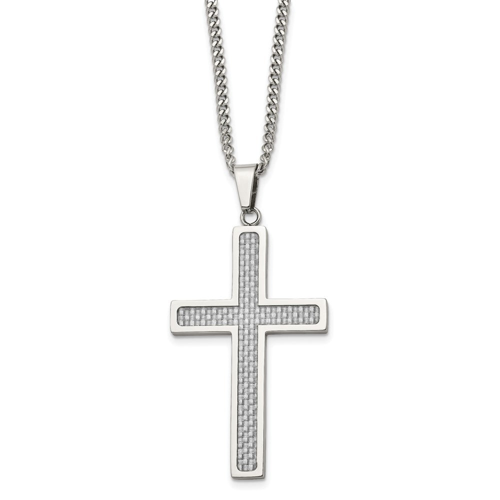 Chisel Stainless Steel Polished with Grey Carbon Fiber Inlay Large Cross Pendant on a 20 inch Curb Chain Necklace, 20 x 32 mm