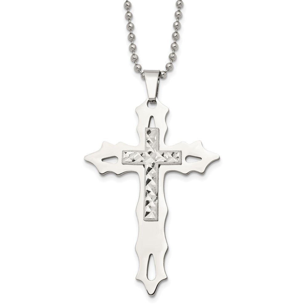 Chisel Stainless Steel Polished with Sterling Silver Inlay Cross Pendant on a 20 inch Ball Chain Necklace, 20 x 41 mm