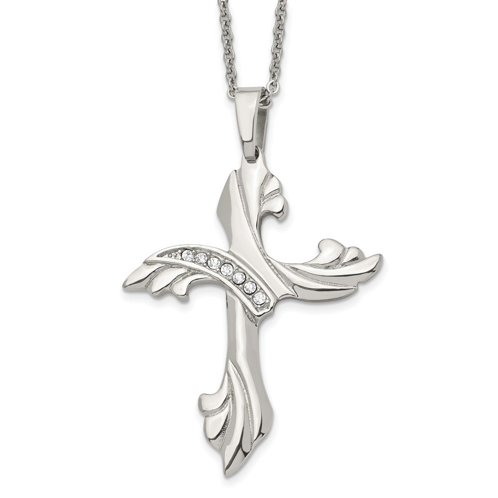Chisel Stainless Steel Polished with CZ Swirl Cross Pendant on a 20 inch Cable Chain Necklace, 20 x 44 mm