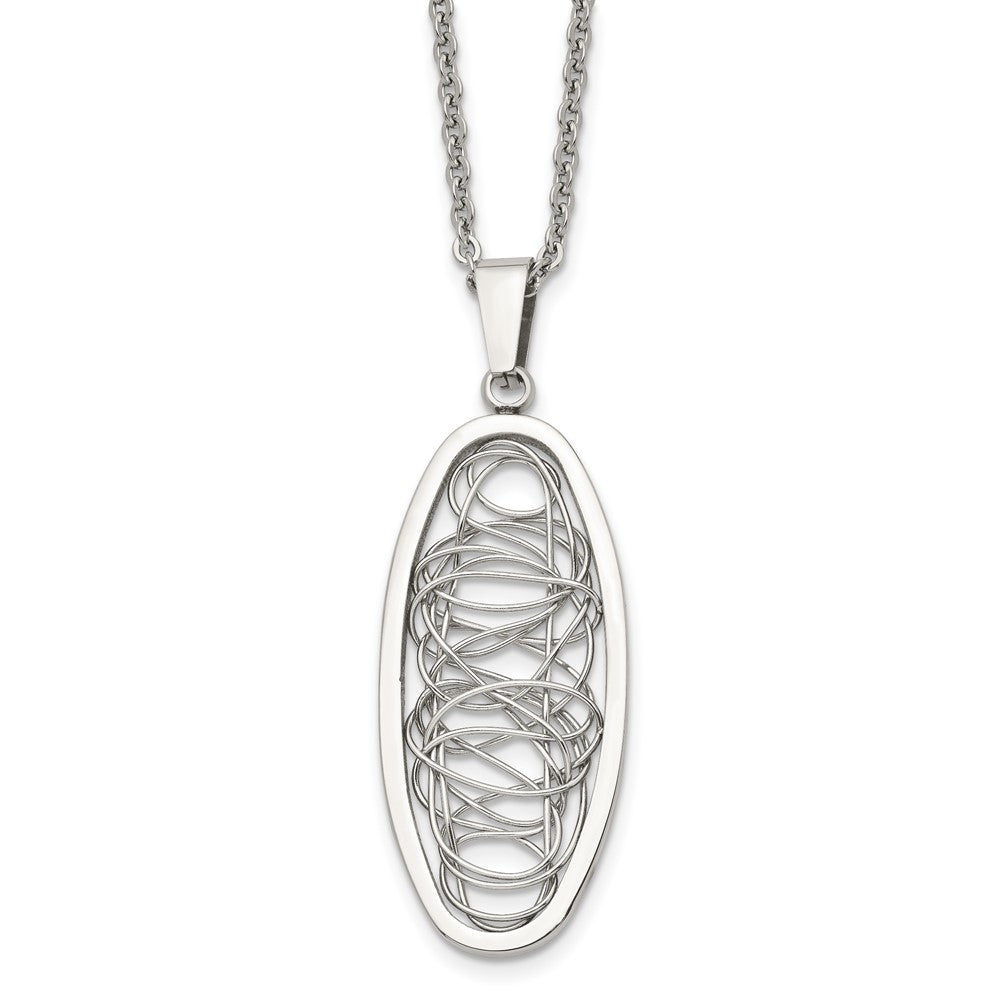 Stainless Steel Polished Wire Designed Oval 18in Necklace, 18 mm