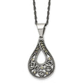 Chisel Stainless Steel Antiqued, Polished and Textured Marcasite Teardrop Pendant on a 20 inch Singapore Chain Necklace, 20 x 21 mm