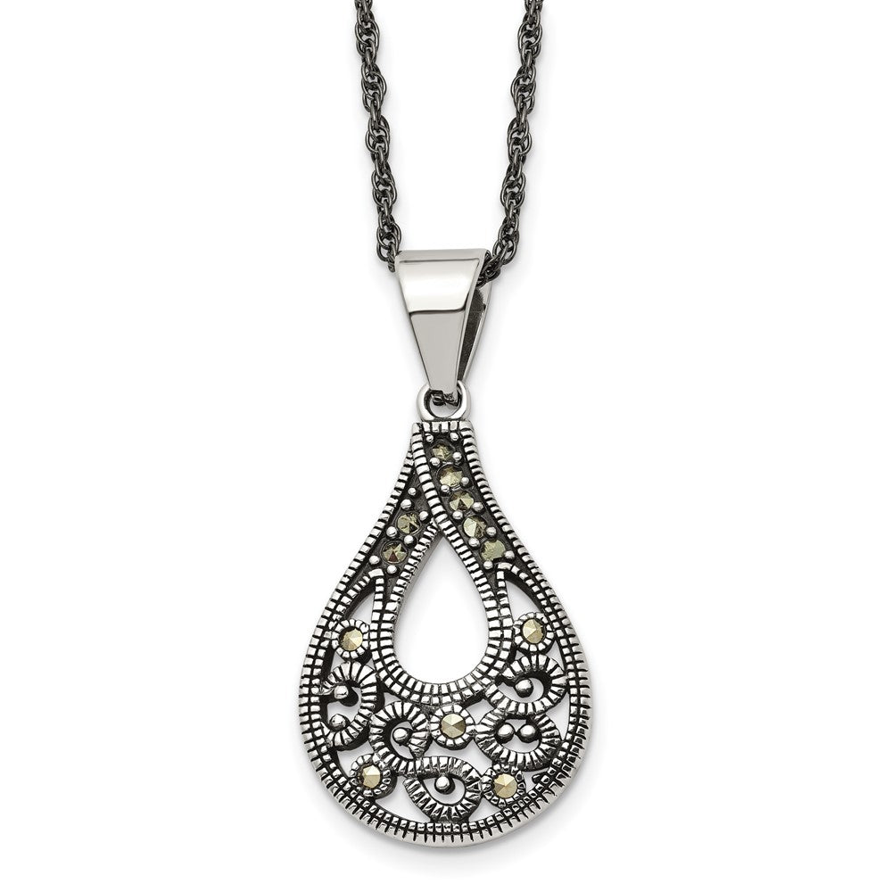Chisel Stainless Steel Antiqued, Polished and Textured Marcasite Teardrop Pendant on a 20 inch Singapore Chain Necklace, 20 x 21 mm