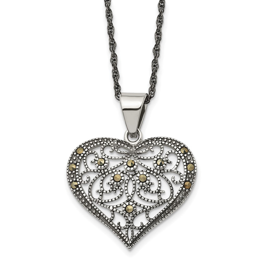 Chisel Stainless Steel Antiqued and Polished with Marcasite Heart Pendant on a 20 inch Singapore Chain Necklace, 20 x 32 mm