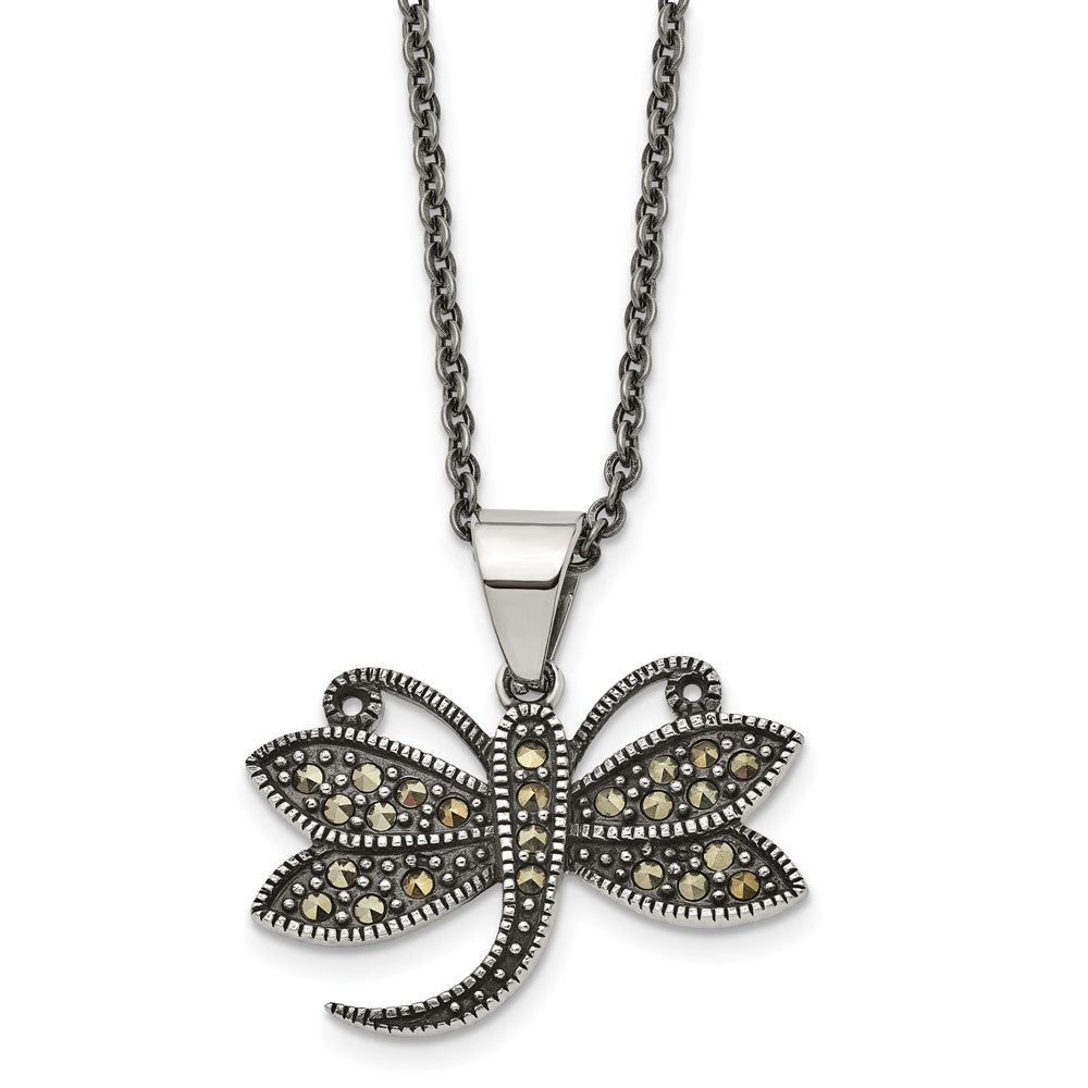 Chisel Stainless Steel Antiqued and Polished with Marcasite Dragonfly Pendant on an 18 inch Cable Chain Necklace, 18 x 24 mm