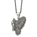 Chisel Stainless Steel Antiqued and Polished with Marcasite Butterfly Pendant on a 20 inch Singapore Chain Necklace, 20 x 28 mm