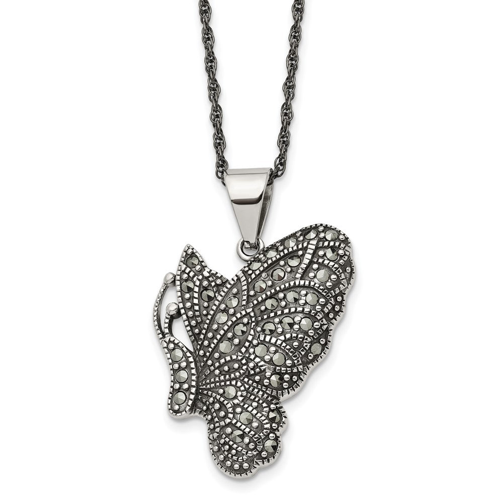 Chisel Stainless Steel Antiqued and Polished with Marcasite Butterfly Pendant on a 20 inch Singapore Chain Necklace, 20 x 28 mm