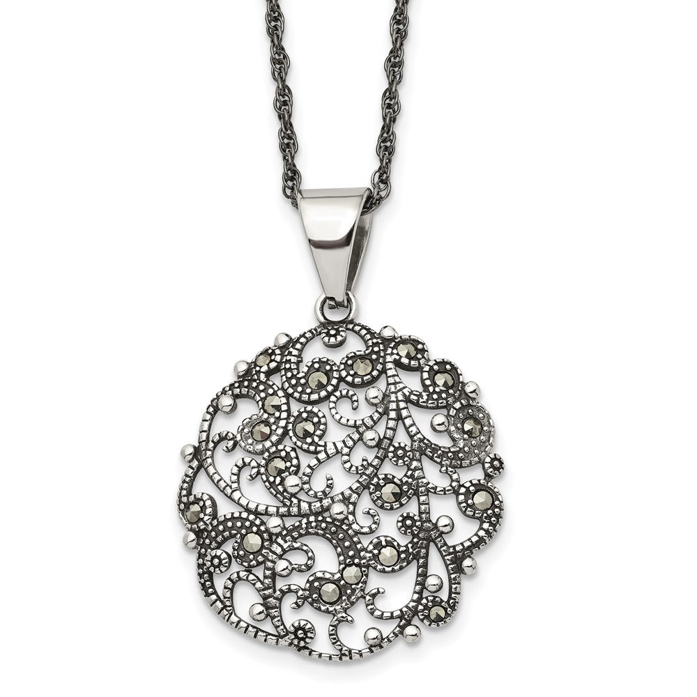 Chisel Stainless Steel Antiqued and Polished Marcasite Circle Pendant on a 20 inch Singapore Chain Necklace, 20 x 32 mm