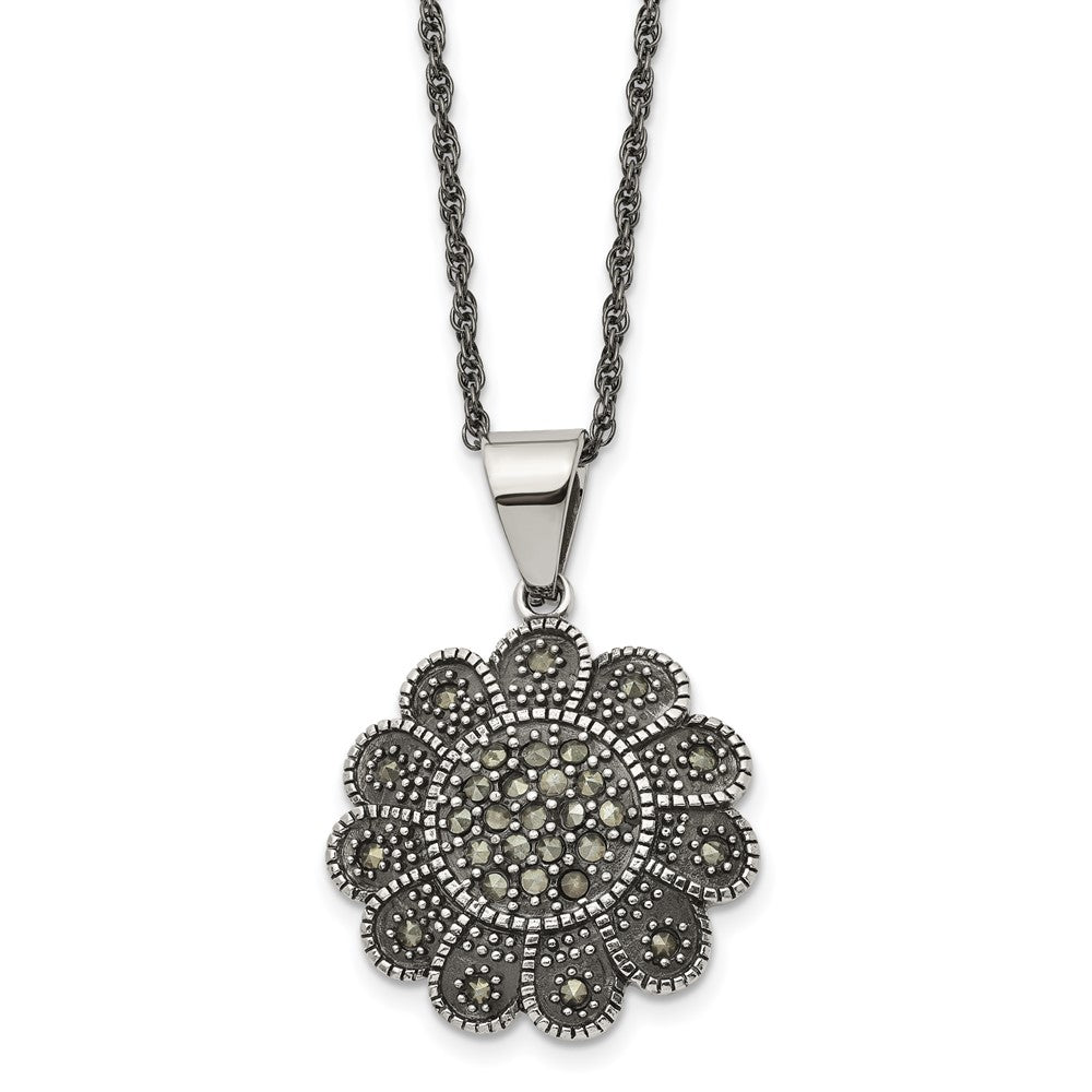 Stainless Steel Antiqued and Polished Marcasite Flower 20in Necklace, 20 mm