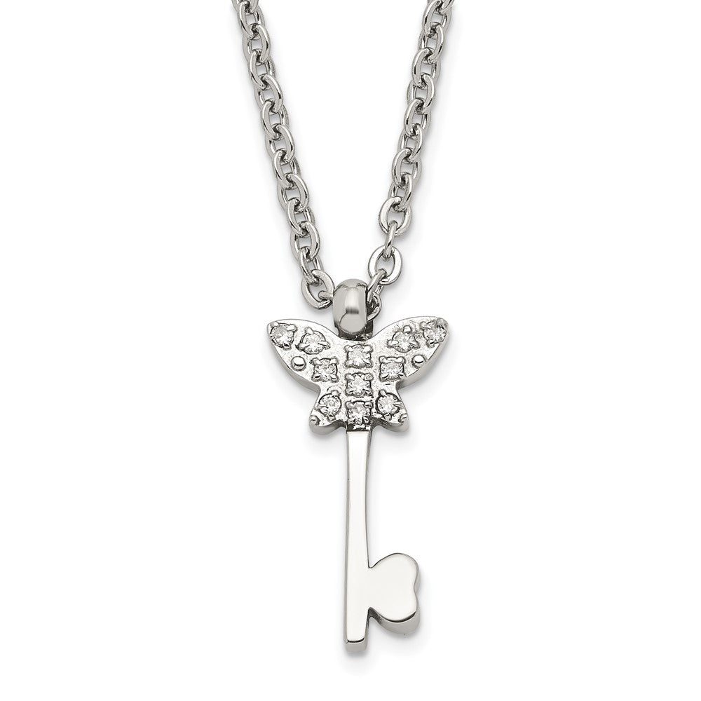 Stainless Steel Polished CZ Butterfly Key with 2 inch ext Necklace, 18 mm