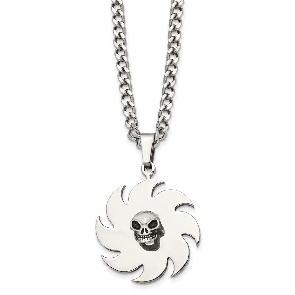 Stainless Steel Polished w/Black Enamel Saw Blade with Skull 24in Necklace, 24 mm