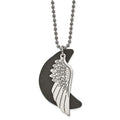 Stainless Steel Brushed Wing w/Leather Moon Black IP 26.5in Necklace, 26.5 mm