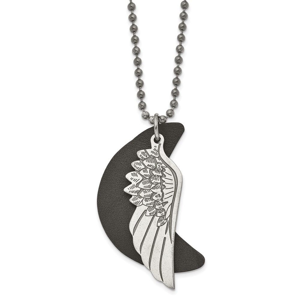 Stainless Steel Brushed Wing w/Leather Moon Black IP 26.5in Necklace, 26.5 mm