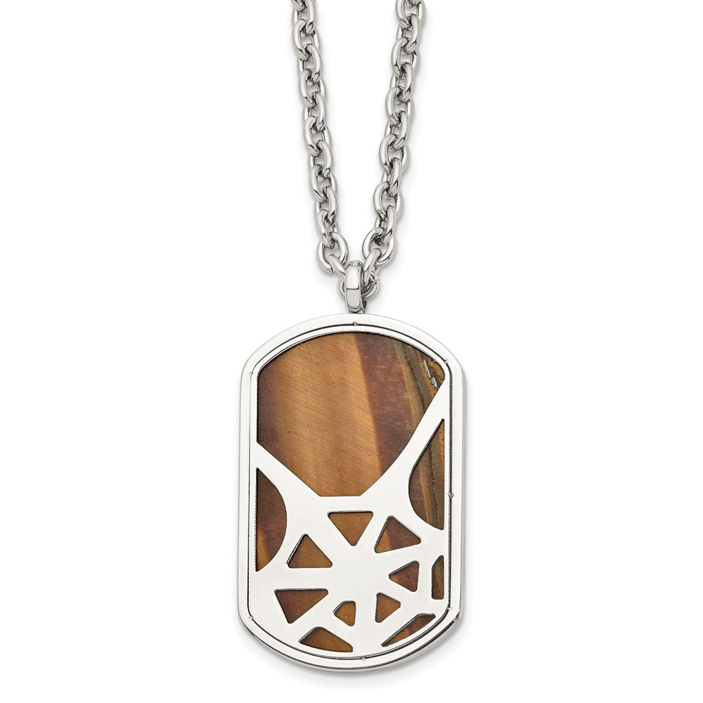Stainless Steel Polished Tiger's Eye Spider Web Design Dog Tag Necklace, 24 x 27 mm