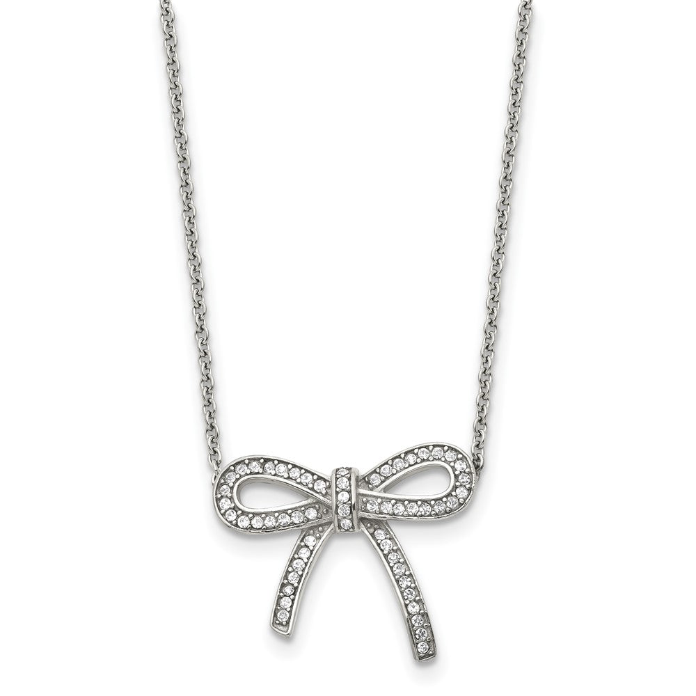 Stainless Steel Polished Crystal Bow 16.25in w/1.75in ext Necklace, 16.25 mm