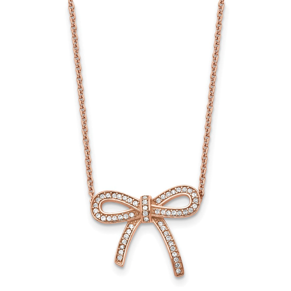 Stainless Steel Polished Rose IP-plated Crystal Bow w/1.75in ext Necklace, 16.25 mm, 2.92 g
