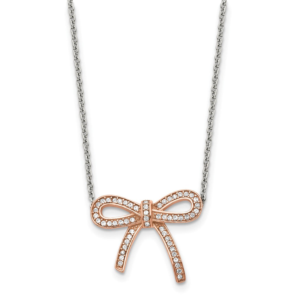 Stainless Steel Polished Rose IP-plated Crystal Bow w/1.75in ext Necklace, 16.25 mm, 2.56 g