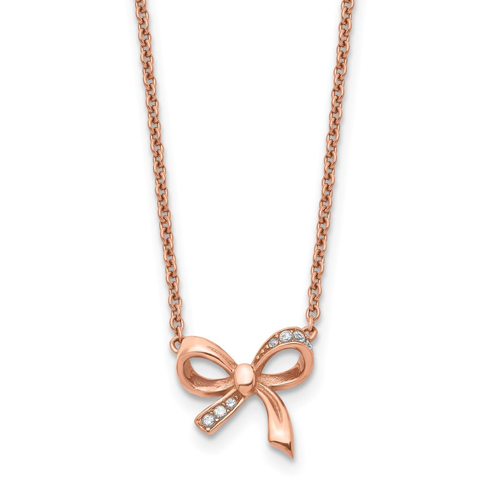 Stainless Steel Polished Rose IP-plated w/CZ Bow w/1.75in ext Necklace, 16 mm, 2.03 g