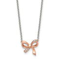Stainless Steel Polished Rose IP-plated w/CZ Bow w/1.75in ext Necklace, 16 mm, 1.62 g