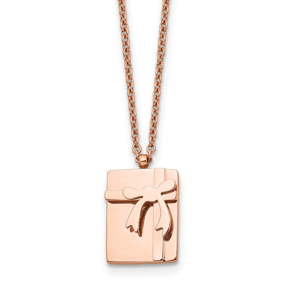 Stainless Steel Polished Rose IP-plated Gift & Bow w/2.5in ext Necklace, 16 mm