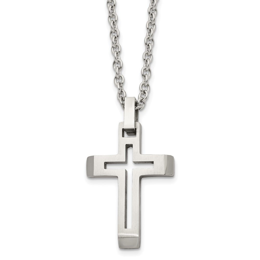 Chisel Stainless Steel Brushed and Polished Cut-out Cross Pendant on a 20 inch Cable Chain Necklace, 20 x 24.96 mm