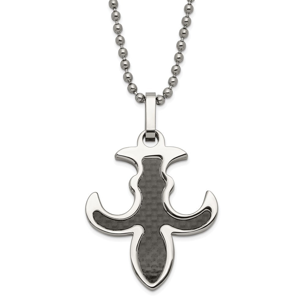 Stainless Steel Polished Black Carbon Fiber Inlay Fleur de Lis Necklace, 22 mm
