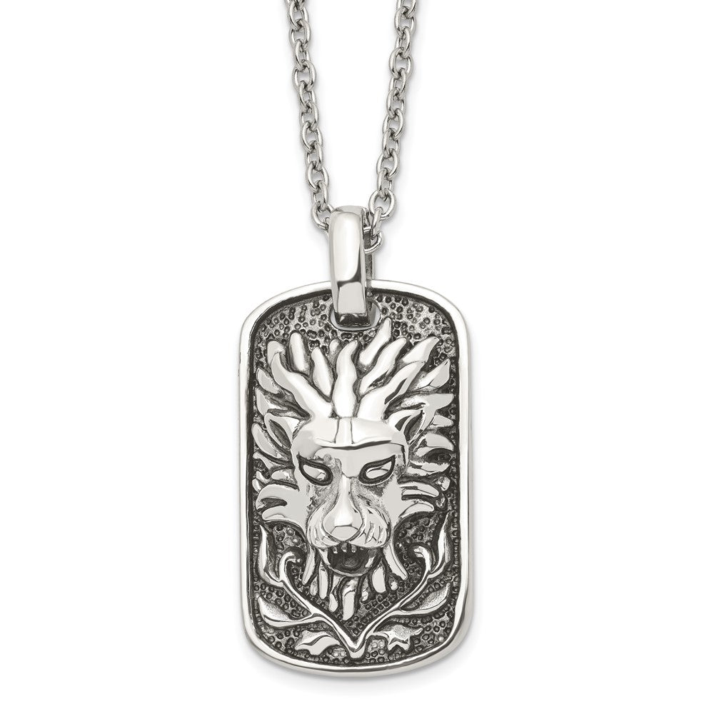 Chisel Stainless Steel Antiqued and Polished Mystical Lion Dog Tag on a 22 inch Cable Chain Necklace, 22 x 21.26 mm