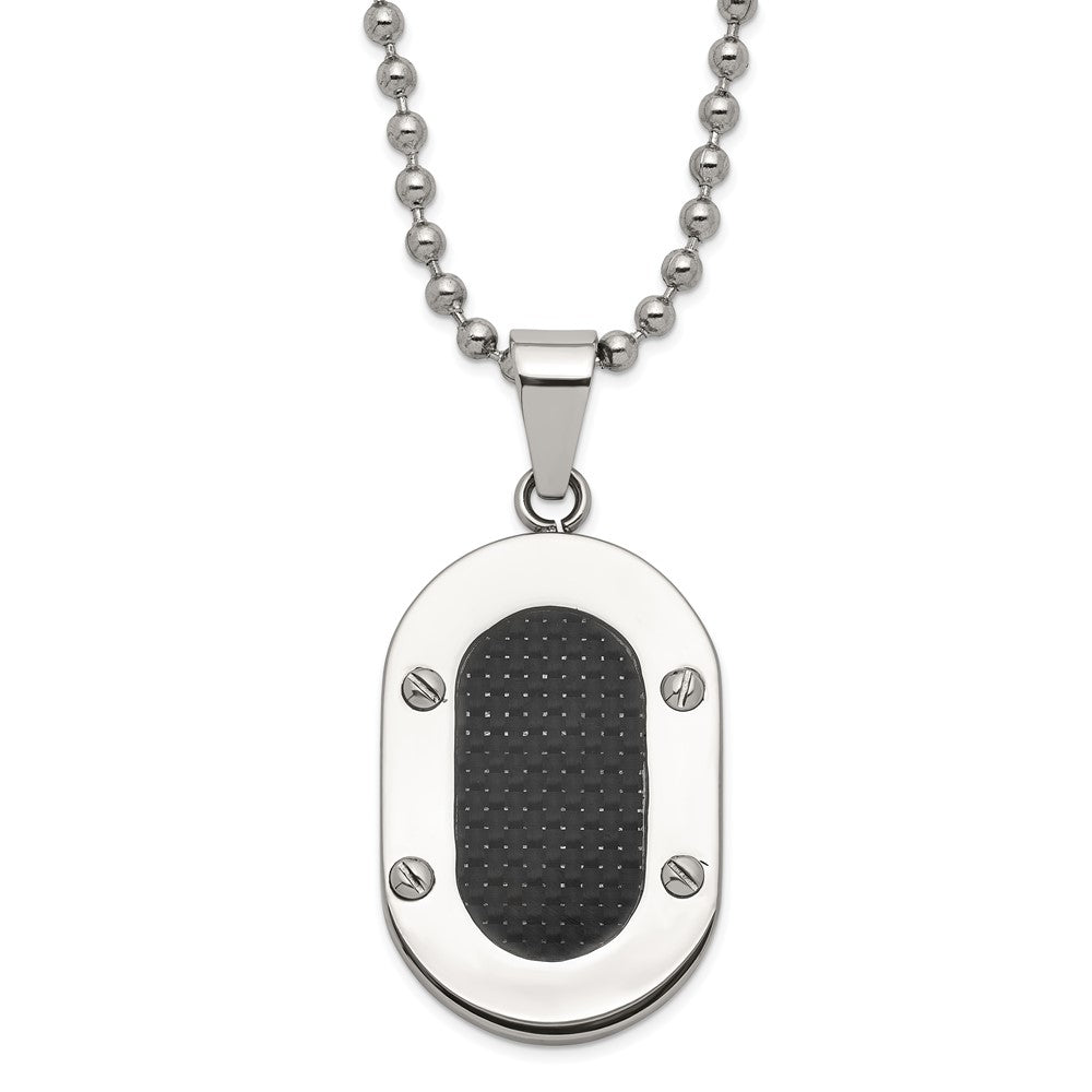 Stainless Steel Polished Black Carbon Fiber Inlay Oval Necklace, 22 mm