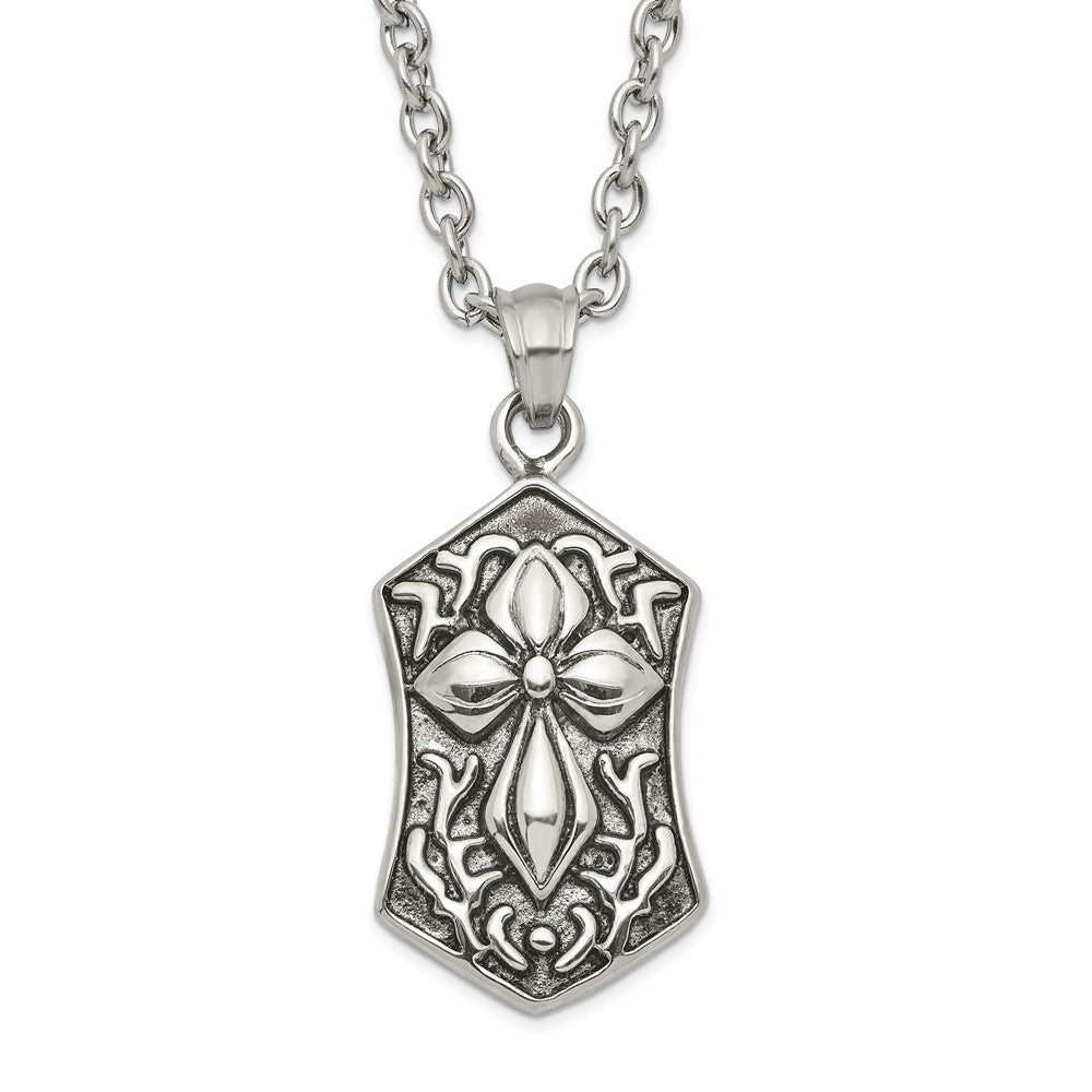 Stainless Steel Polished and Antiqued Cross Necklace, 20 mm
