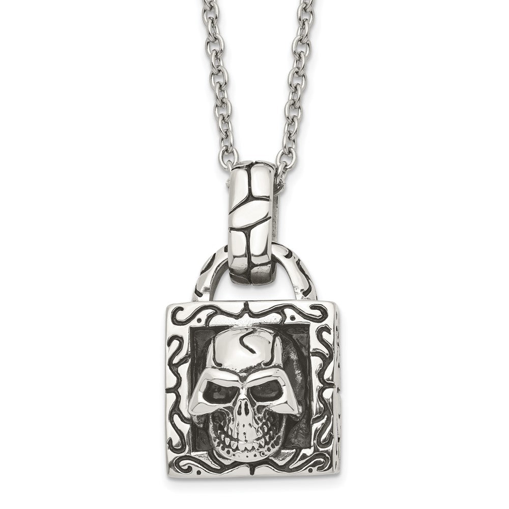Stainless Steel Antiqued and Polished Skull 22in Necklace, 22 mm, 36.59 g