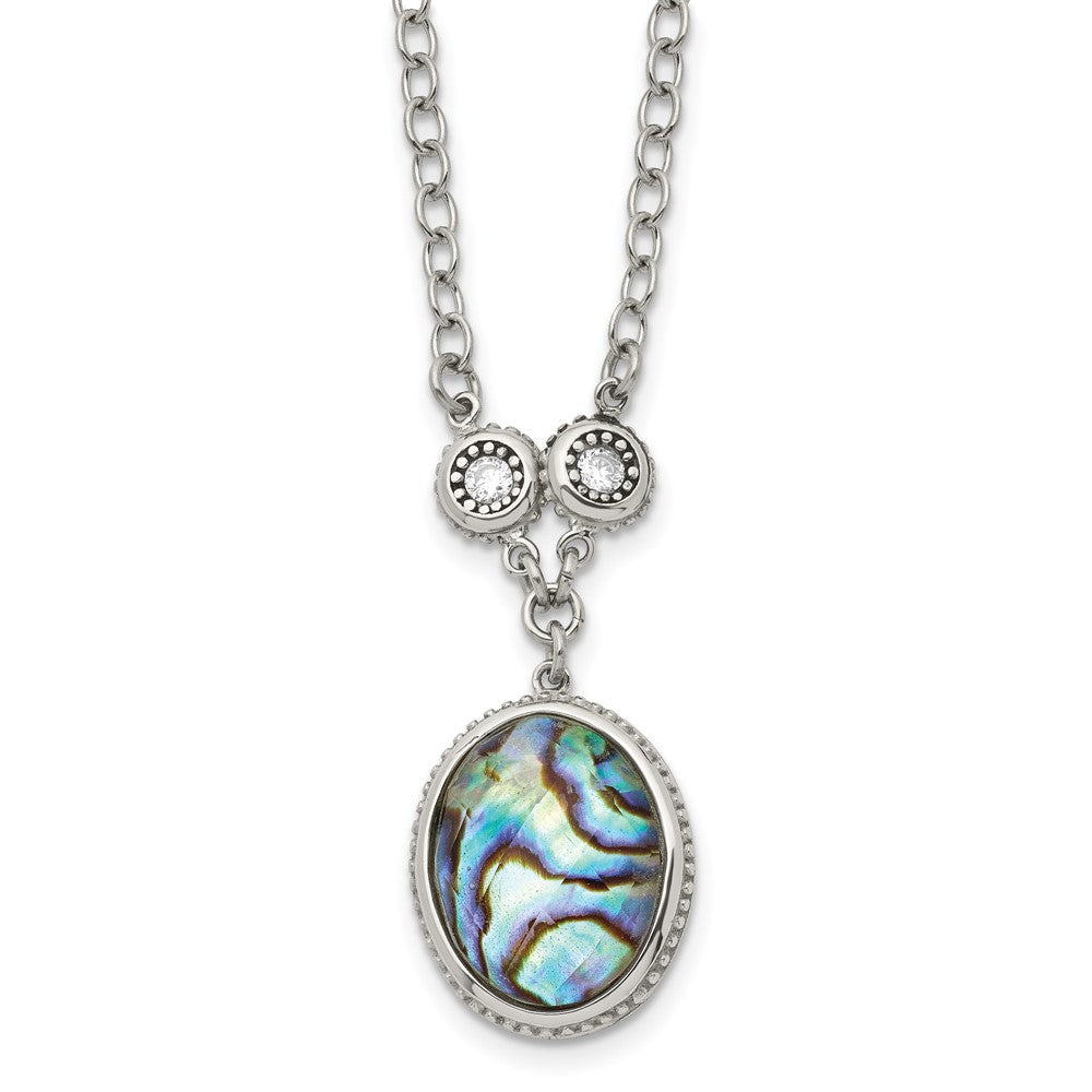 Stainless Steel Antiqued & Polished Imit. Abalone/CZ w/1.5in ext Necklace, 18.5 mm