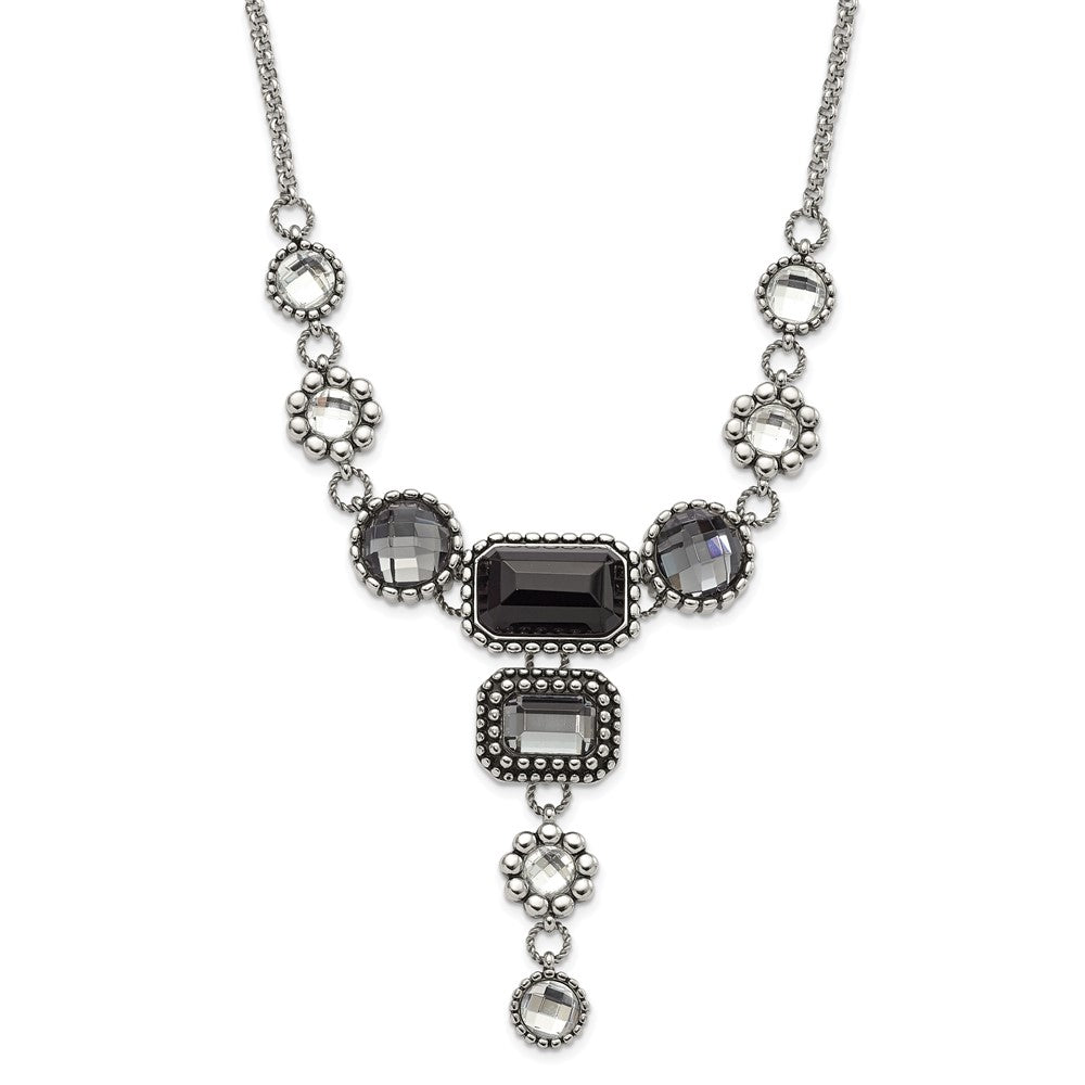 Stainless Steel Polished/Antiqued Fancy Glass Beads w/2in ext. Necklace, 20 mm