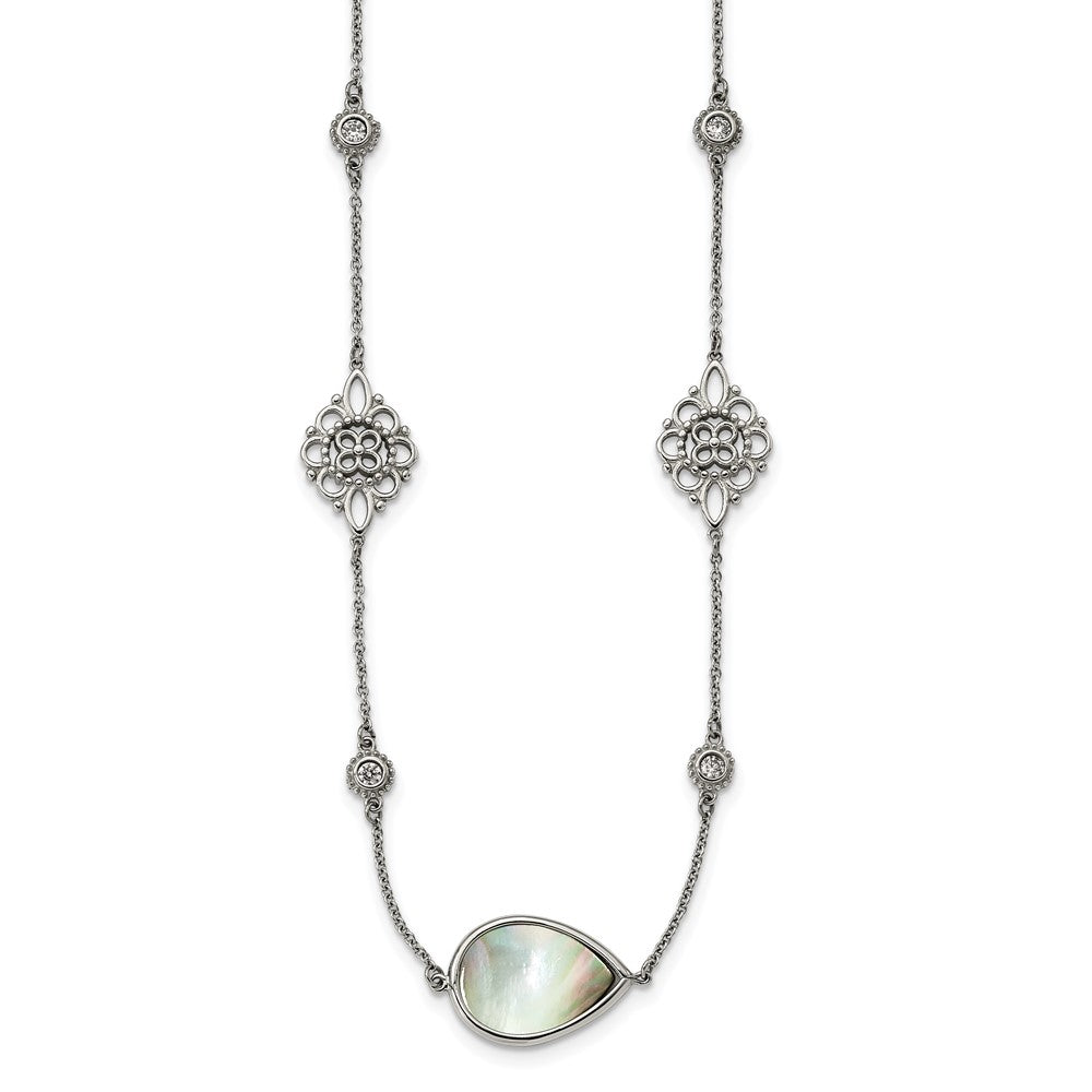 Stainless Steel Polished w/Black Mother of Pearl & CZ w/3in ext Necklace, 24.5 mm