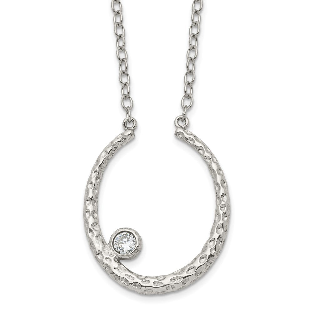 Stainless Steel Polished and Textured w/CZ 18in w/2in ext Necklace, 18 mm