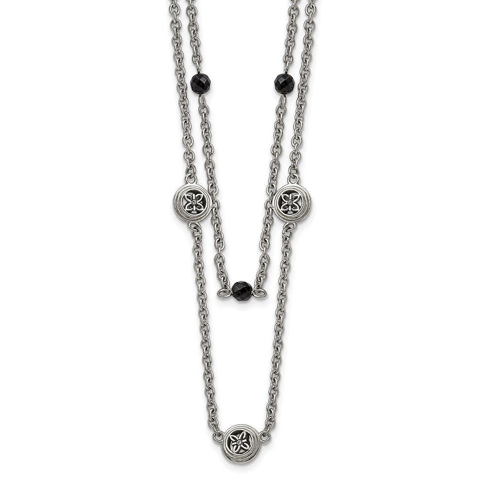 Stainless Steel Polished w/Black Onyx & Acrylic Beads w/2in ext Necklace, 23.75 mm