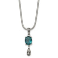 Stainless Steel Antiqued & Polished Blue Glass 18.5in w/2 in ext. Necklace, 18.5 mm