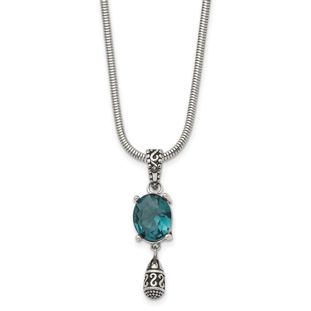 Stainless Steel Antiqued & Polished Blue Glass 18.5in w/2 in ext. Necklace, 18.5 mm