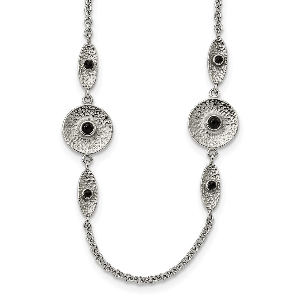 Stainless Steel Polished and Textured Black Onyx 34in w/2in ext Necklace, 34 mm