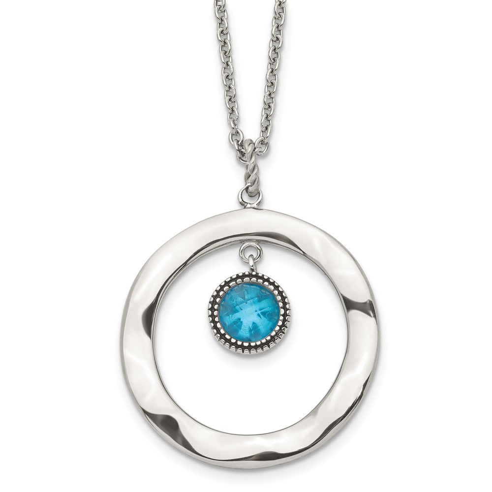 Stainless Steel Polished Blue Glass Circle 18in w/ 2in ext Necklace, 18 mm