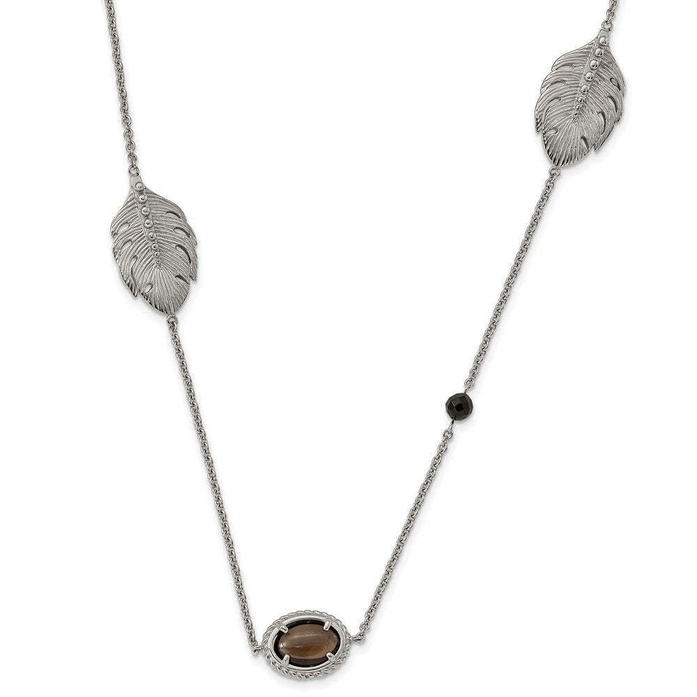 Stainless Steel Polished Leaf Smoky Quartz & Black Onyx w/2in ext Necklace, 32 mm