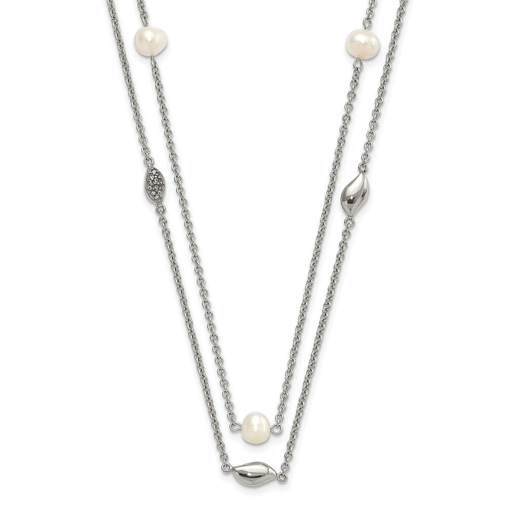 Stainless Steel Polished 2 Strand Freshwater Cultured Pearls & CZ w/ 2in ext. Necklace, 41 mm