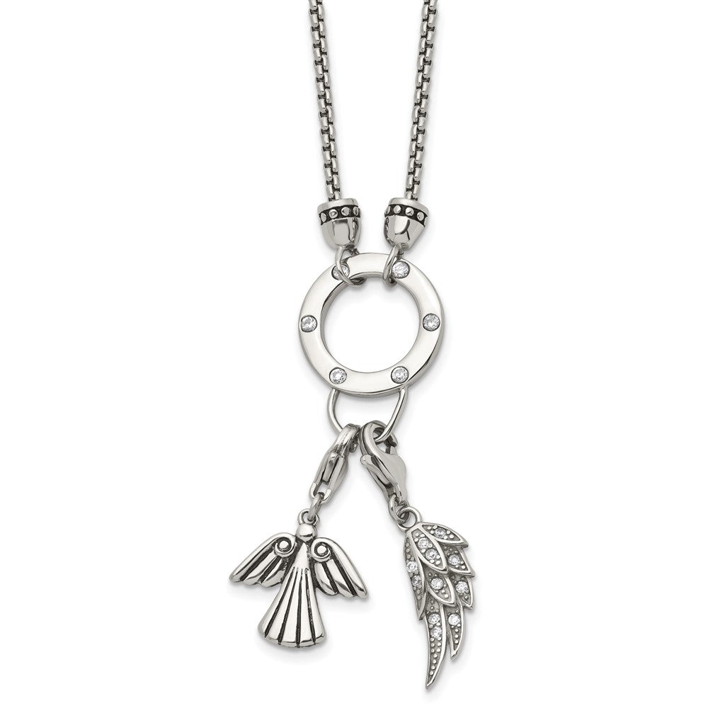 Stainless Steel Polished CZ Feather and Angel 17in w/ 2in ext Necklace, 17 mm
