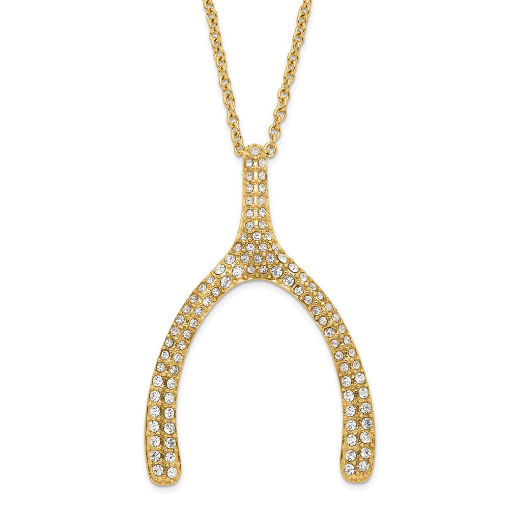 Stainless Steel Polished Yellow PVD-plated Crystal Wishbone Necklace, 22 mm