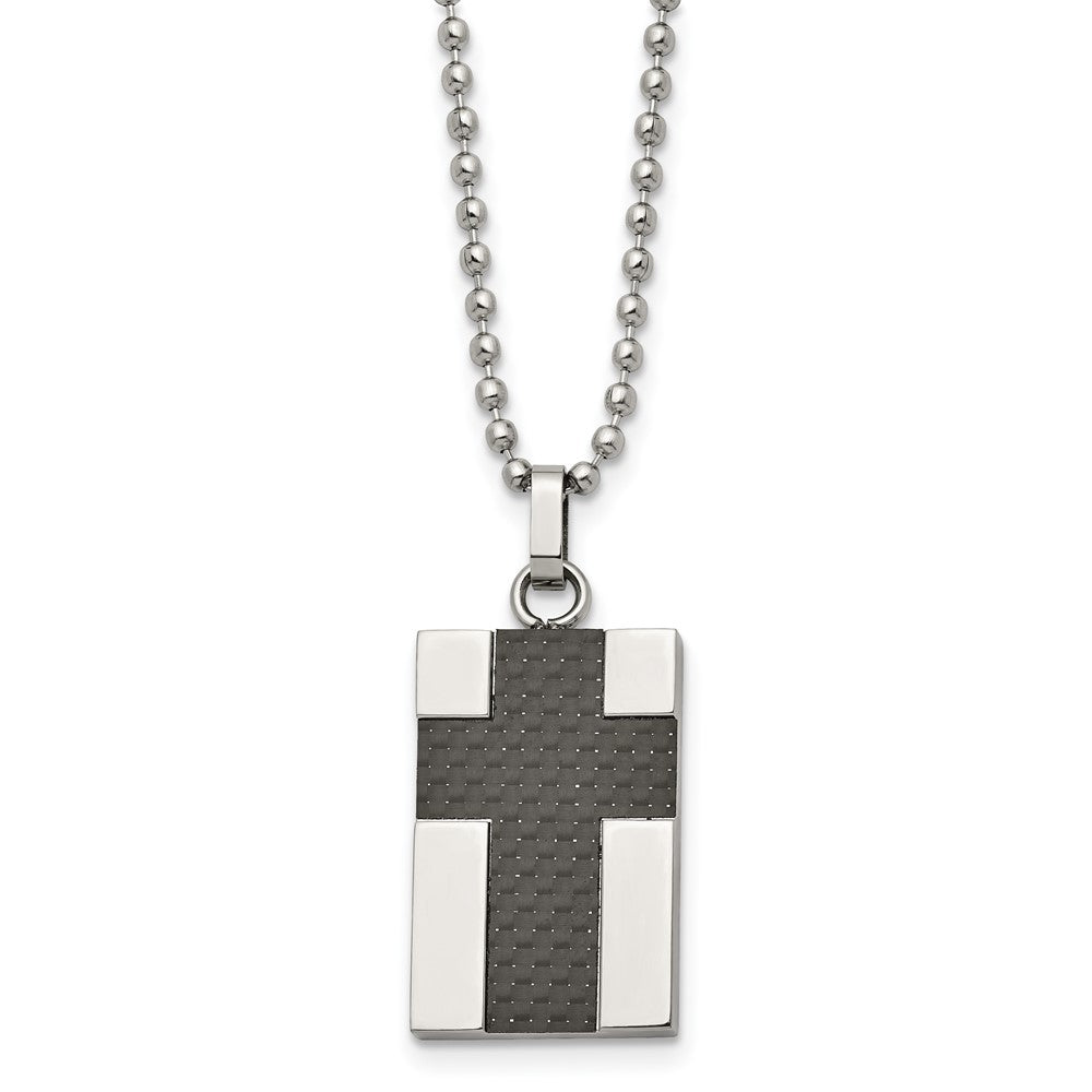 Chisel Stainless Steel Polished Carbon Fiber Inlay Cross Pendant on a 22 inch Ball Chain Necklace, 22 x 15 mm
