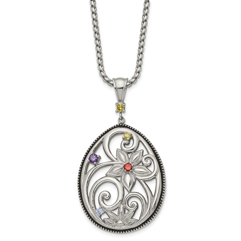 Stainless Steel Antiqued and Polished Multicolor CZ w/1.75in ext Necklace, 18 mm
