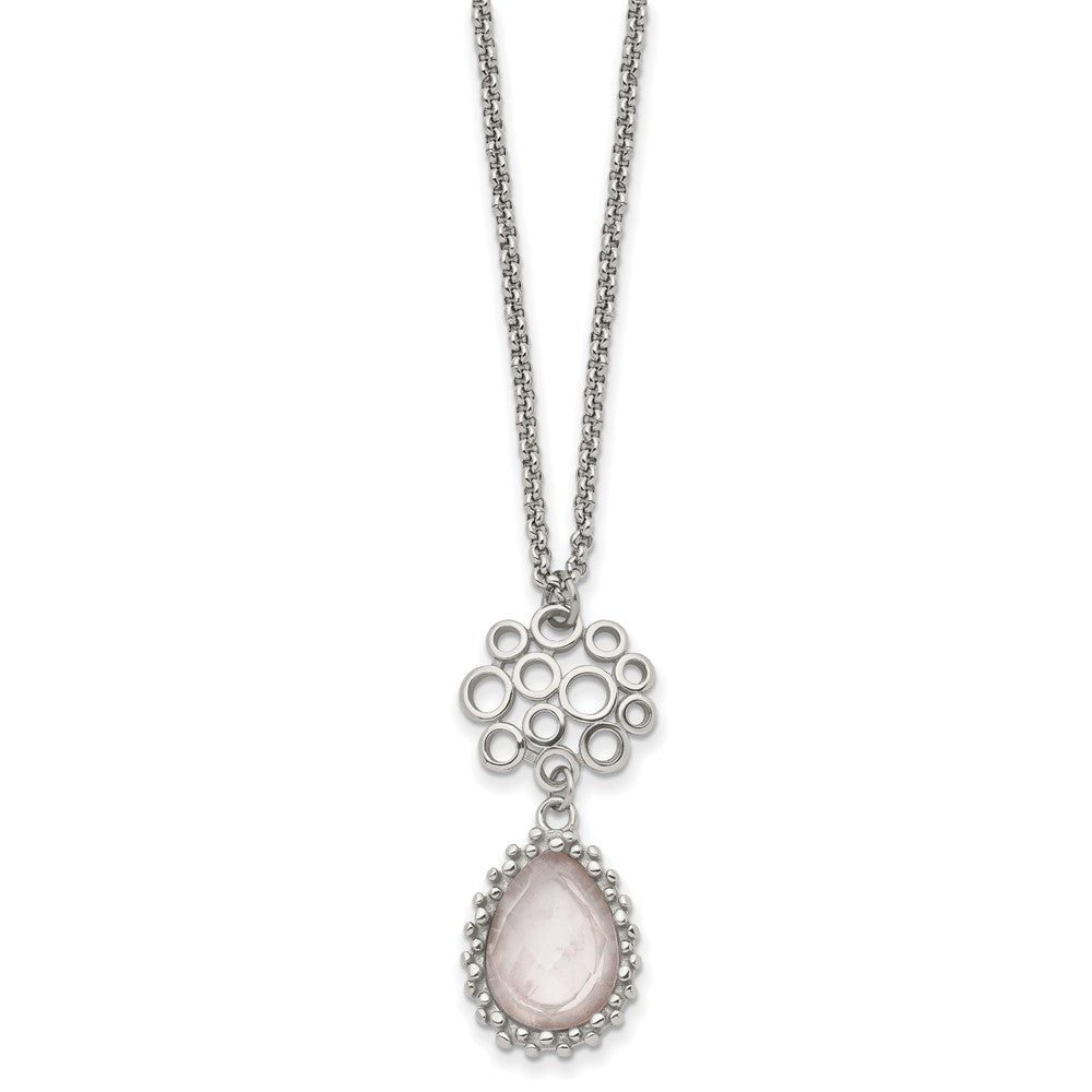 Stainless Steel Polished Rose Quartz 18in w/2in ext Necklace, 18 mm