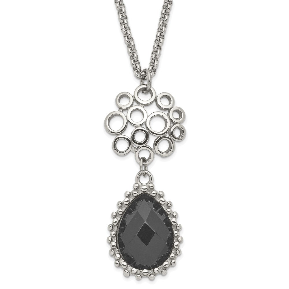 Stainless Steel Polished Circles & Teardrop Onyx w/2in ext. Necklace, 20 mm
