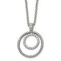 Stainless Steel Antiqued Polished & Textured w/CZ Circle 18in Necklace, 18 mm